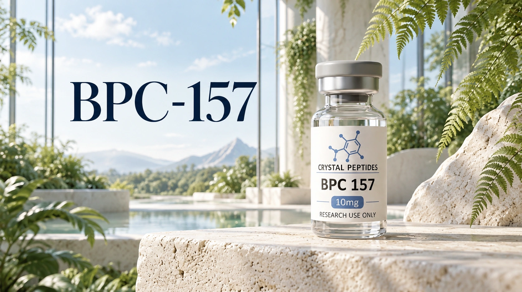 Frasco de BPC-157 para investigação junto ao título BPC-157 incorporado na imagem de capa, num interior luminoso com vista para as montanhas.