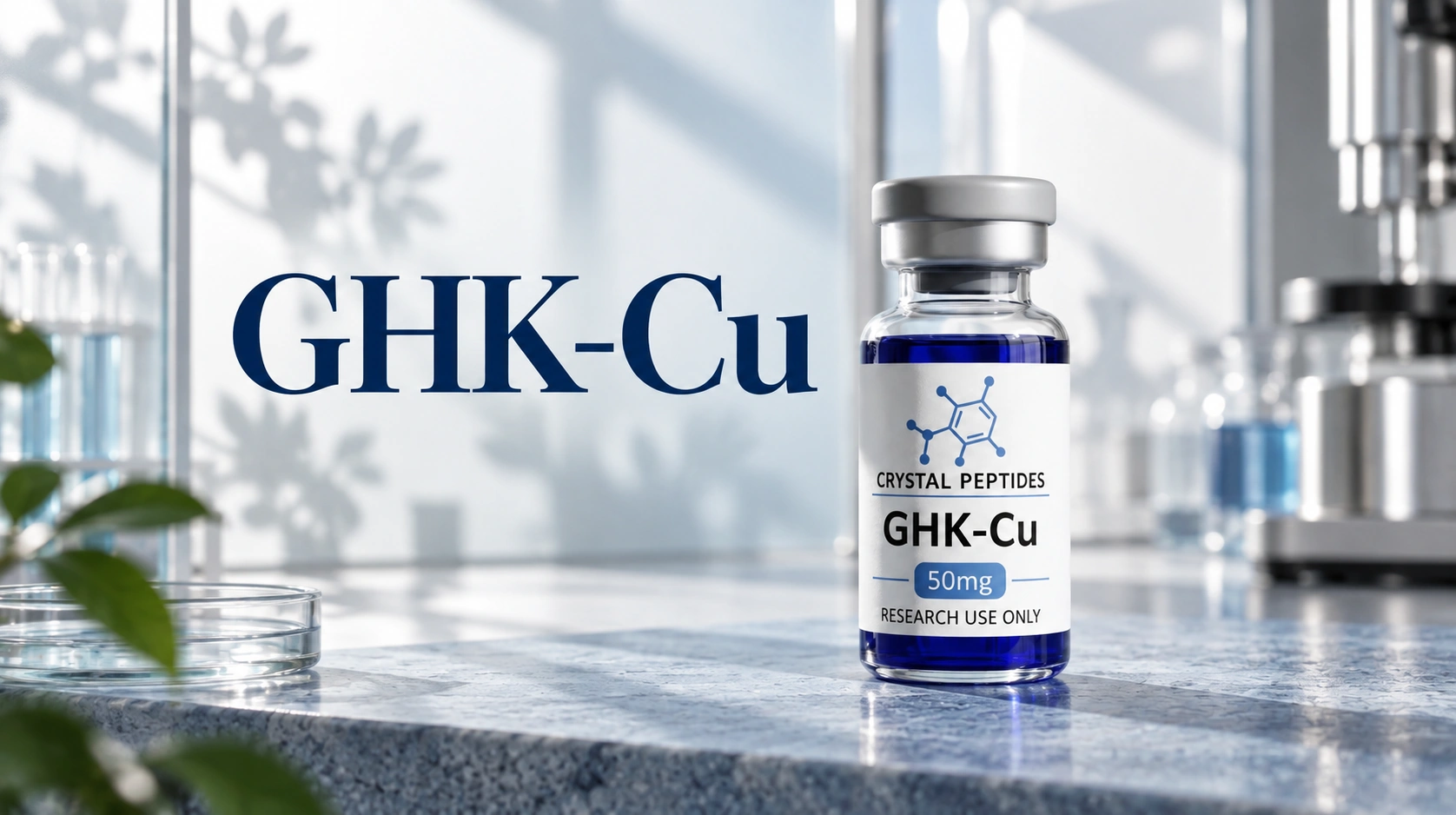 Frasco de GHK-Cu para investigação junto ao título GHK-Cu incorporado na imagem de capa, num interior de laboratório luminoso.
