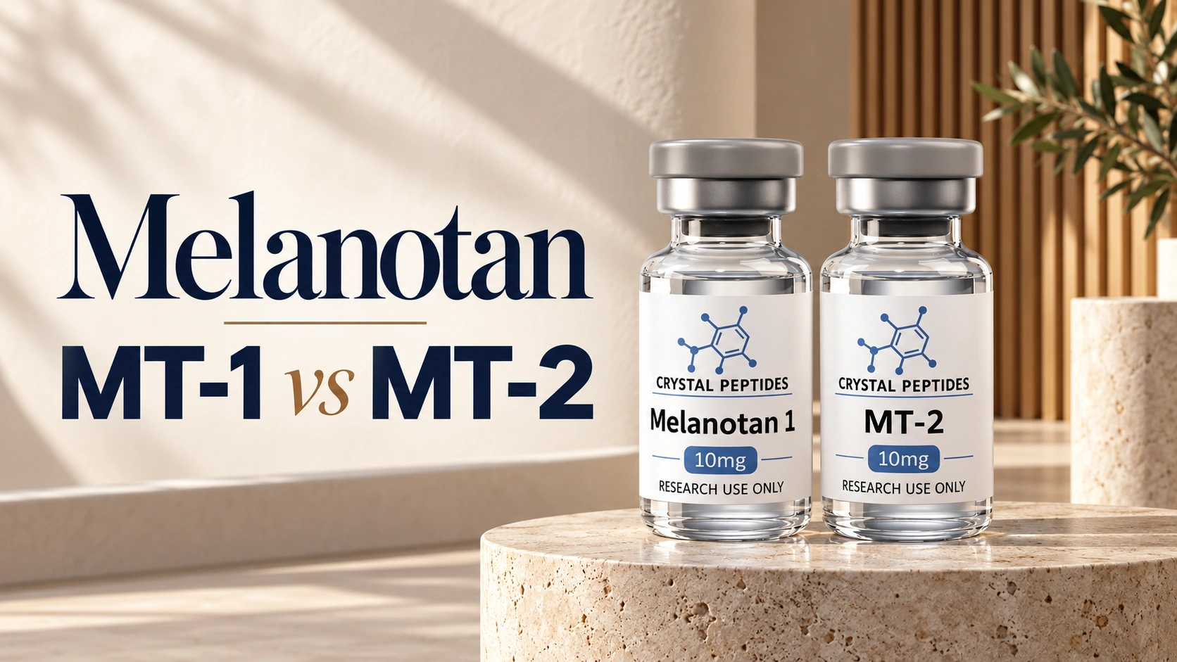 Dois frascos para investigação identificados como Melanotan I e MT-2 junto ao título do artigo Melanotan MT-1 vs. MT-2.