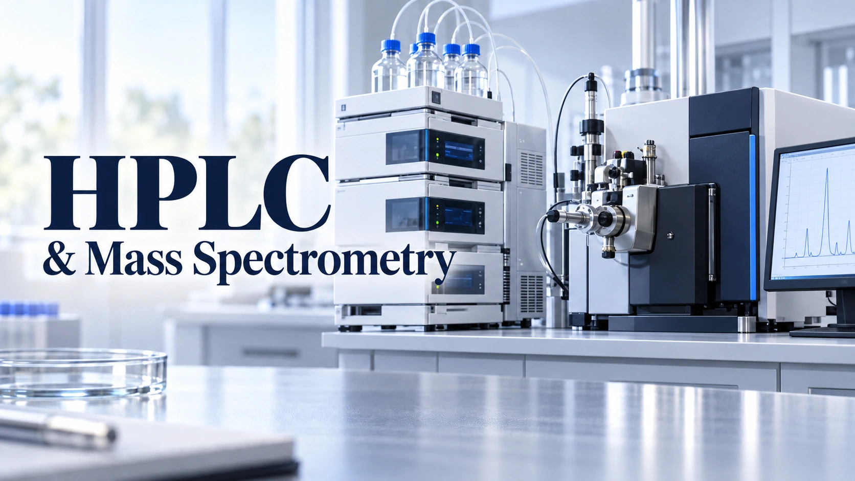 Equipamentos de HPLC e de espectrometria de massa junto ao título HPLC and Mass Spectrometry incorporado na imagem de capa, num laboratório luminoso.