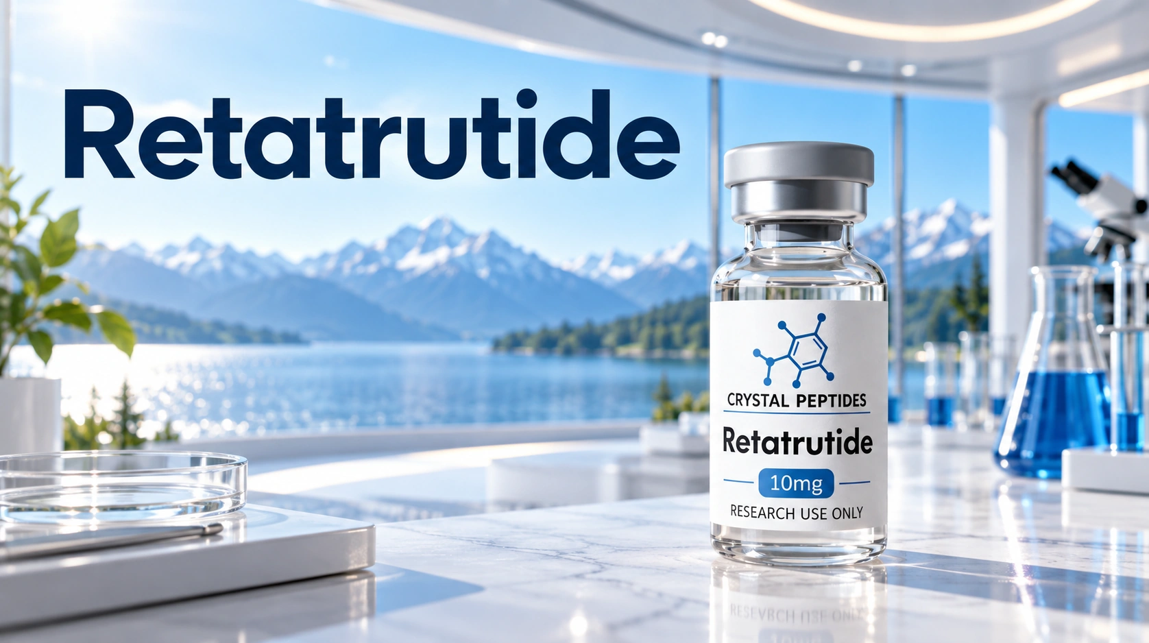 Frasco de retatrutida para investigação junto ao título Retatrutide incorporado na imagem de capa, num laboratório luminoso com vista para as montanhas.
