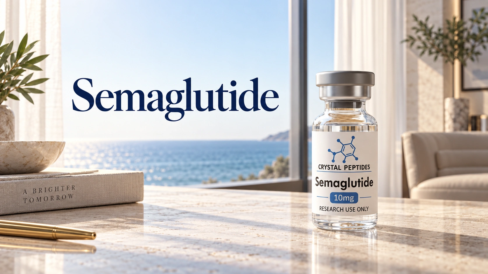 Frasco de semaglutida para investigação junto ao título Semaglutide incorporado na imagem de capa, num interior luminoso junto à costa.