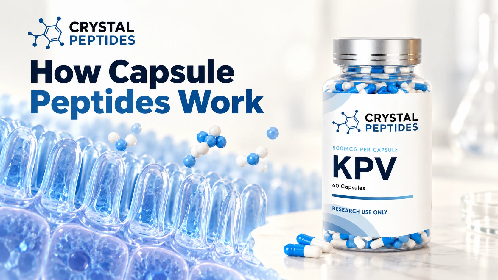 Frasco de cápsulas KPV da Crystal Peptides junto a uma ilustração conceptual de uma superfície intestinal.
