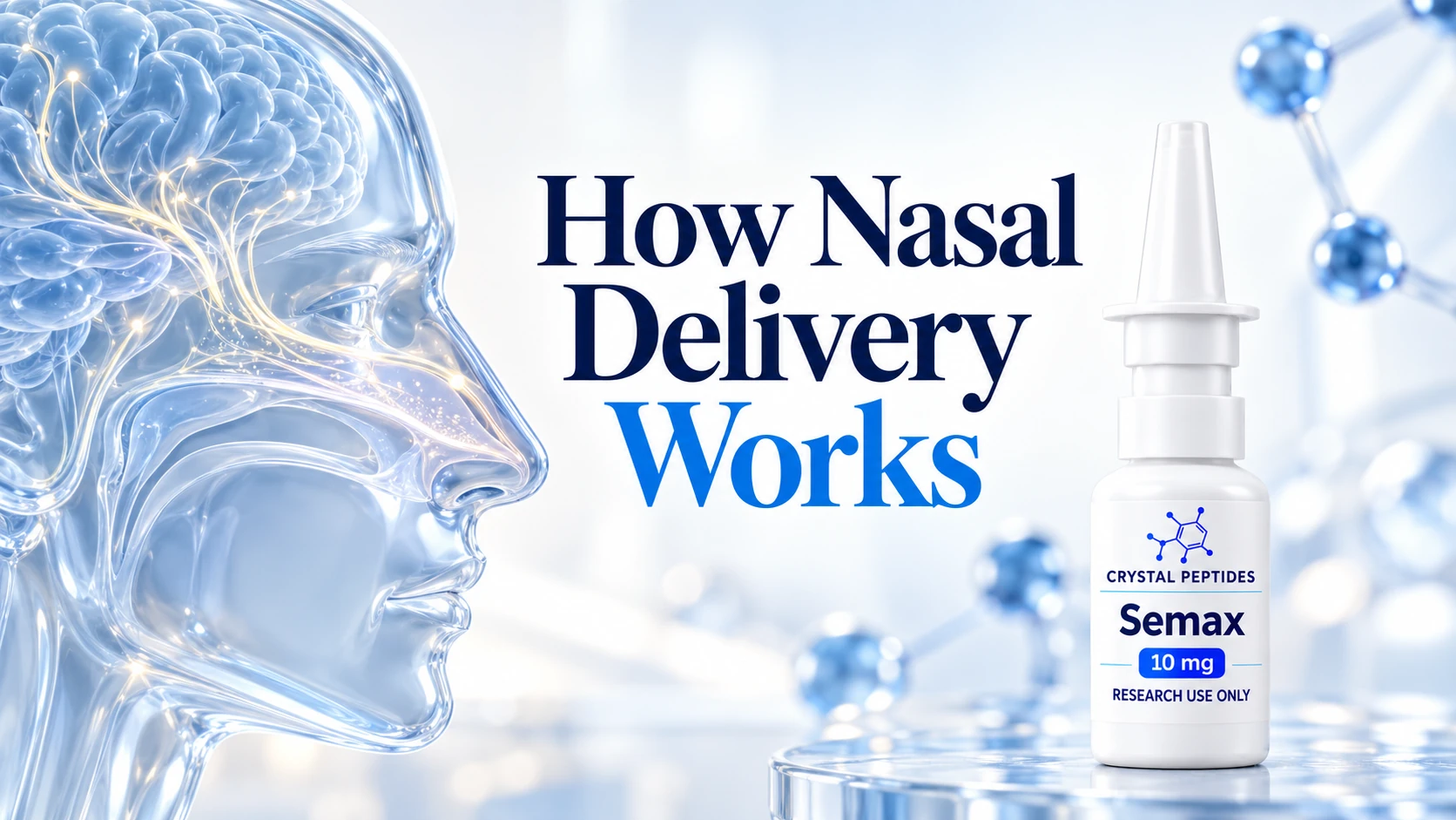Frasco de pulverizador nasal com marca numa ilustração conceptual da administração nasal.