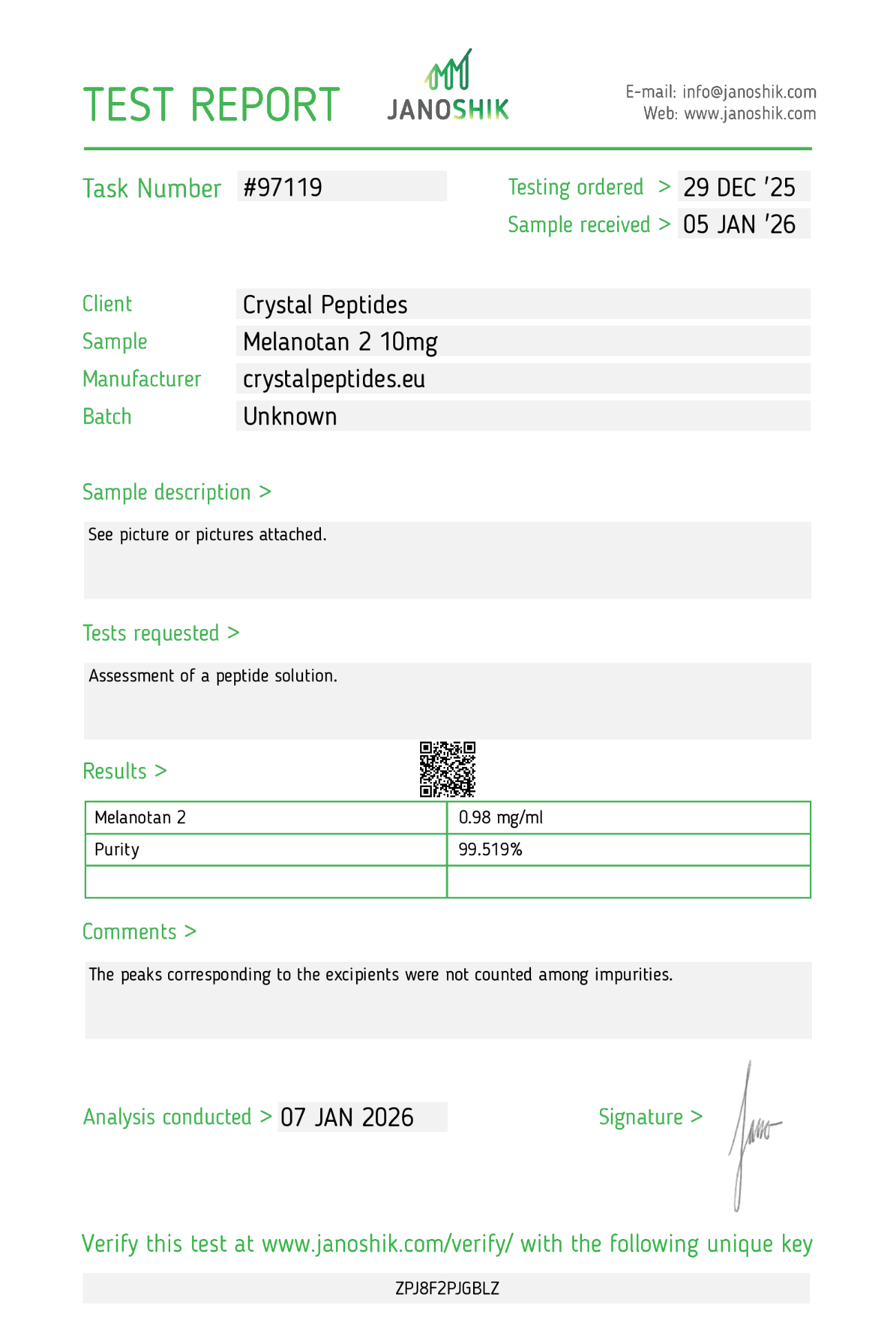 MT-2 (10mg/10ml) Purity & Identity Teste de Laboratório